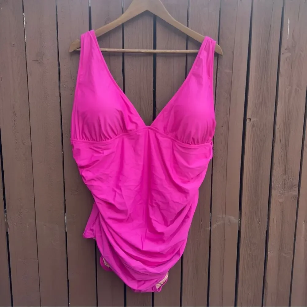 J. Crew | NWT Size 24 Ruched V Neck One Piece Fuchsia Bathing Suit Style BC116